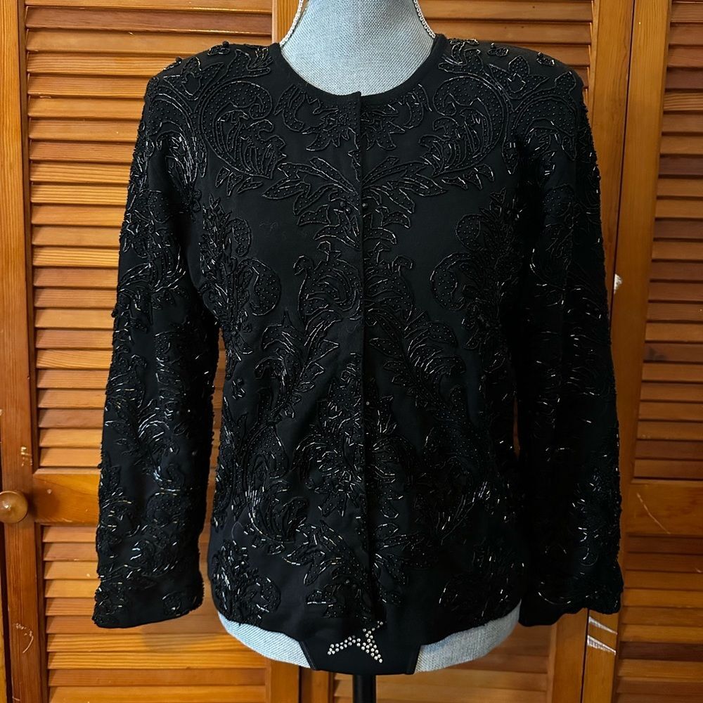 Vintage Adrienne Vittadini Black Beaded 100% Wool Blazer